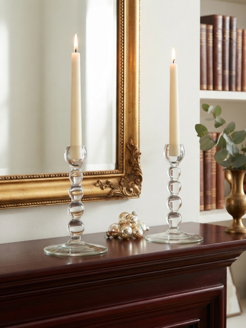 Vintage Clear Glass Stacked Ball Taper Candle Holders Set of 2 Mid Century Moder